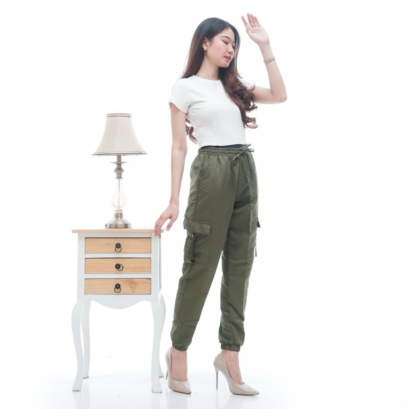 Pekalonganfashion.id - Celana Cargo Joger Wanita - Celana Cargo Wanita Warna Army