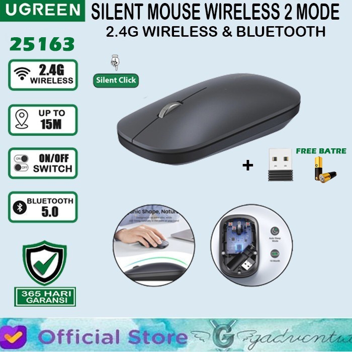 UGREEN Wireless Mouse Bluetooth + USB Dual Koneksi Silent Click Laptop PC Komputer Free Baterai