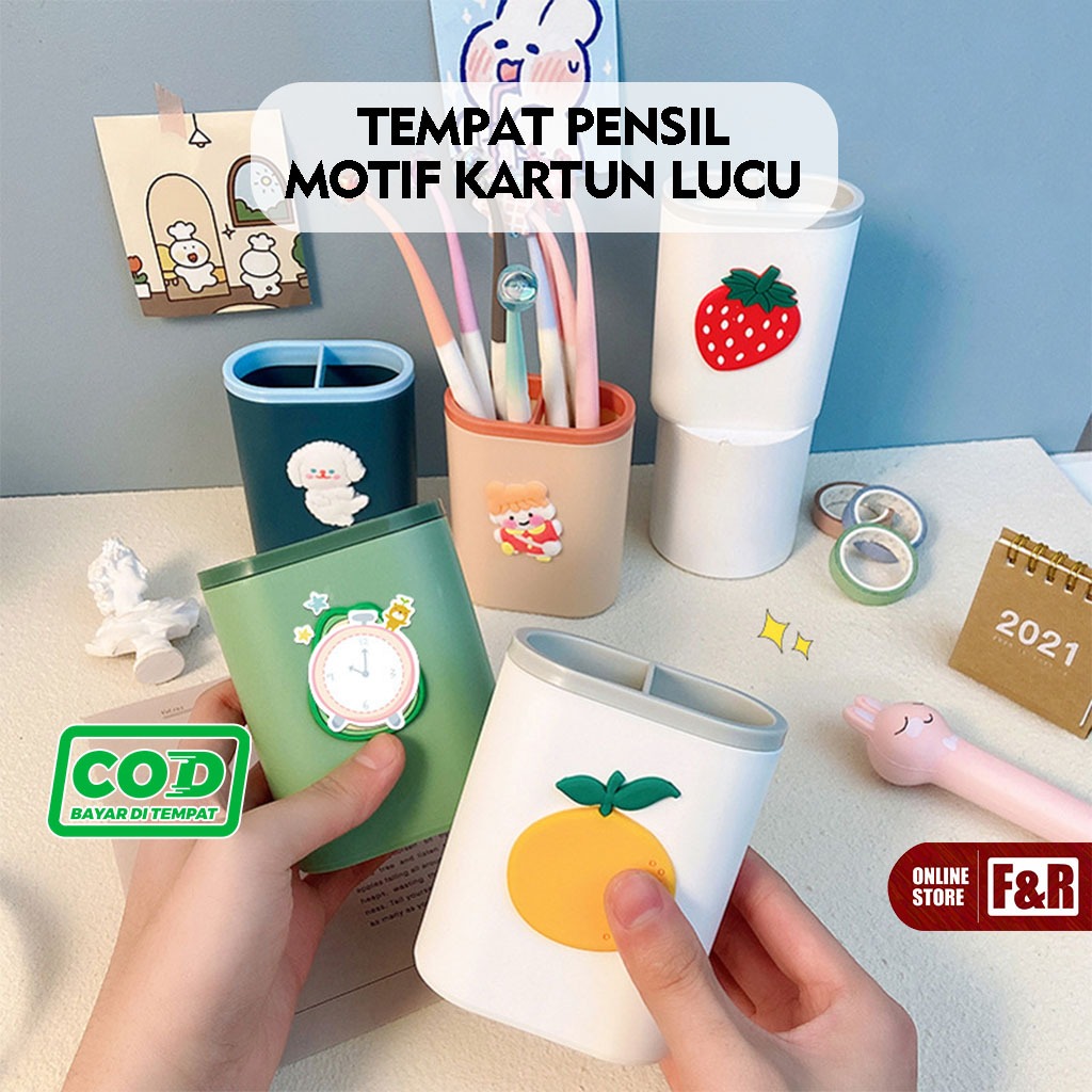 

Kotak Penyimpanan Serbaguna Tempat Pensil Dan Pulpen 2 Sekat Organizer Desktop Pen Holder Motif Karakter Lucu