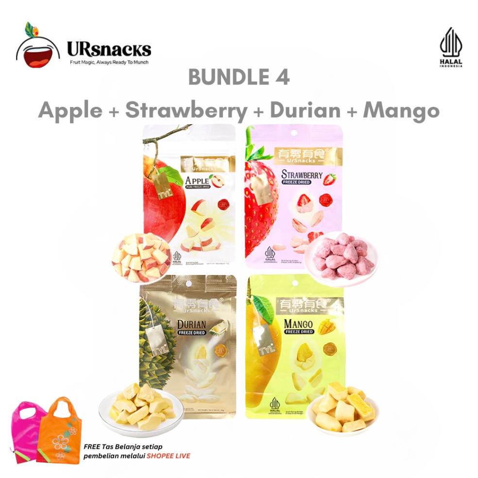 

B3stpr0 URSNACKS BUNDLE OF 4 - ZE DRIED KERIPIK SEHAT DURIAN 32gr + MANGO 32gr + STRAWBERRY 22gr + 22gr BUAH VAKUM CEMILAN DIET Banyak Dicari
