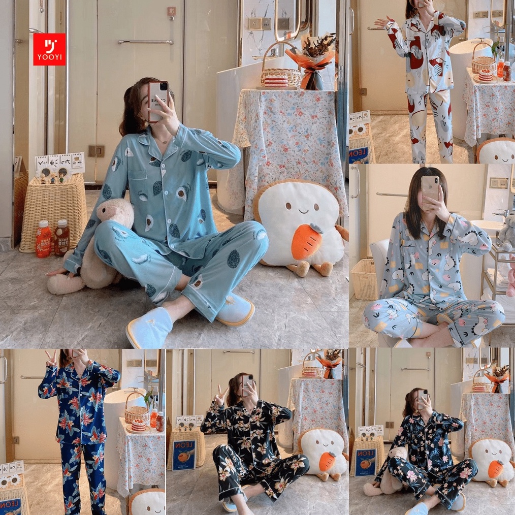 MALL Yooyi Baju Tidur Wanita Piyama Cewek Set Kemeja Lengan Panjang Celana Panjang Style Korea Jumbo