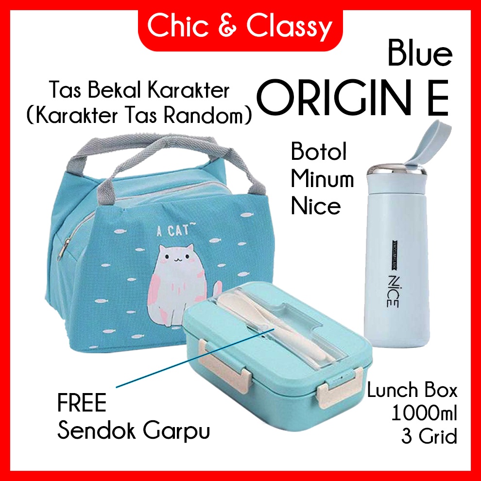 12.12 SALE ORIGIN F || Set Kotak Makan 1000ml 3 Grid + Sendok & Garpu + Botol Minum + Tas Bekal || L