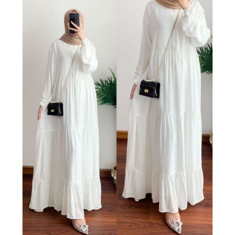Gamis Putih Polos Rayon premium-Gamis Ruffle Busui Friendy-Homey Dress-Gamis jumbo LD 120