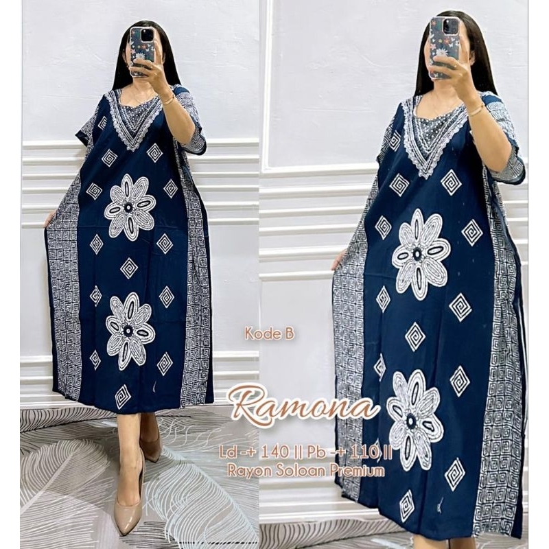 Daster ct rayon tebal motif klasik biru navy putih murah etnik tradisional kekinian adem kelengan ba