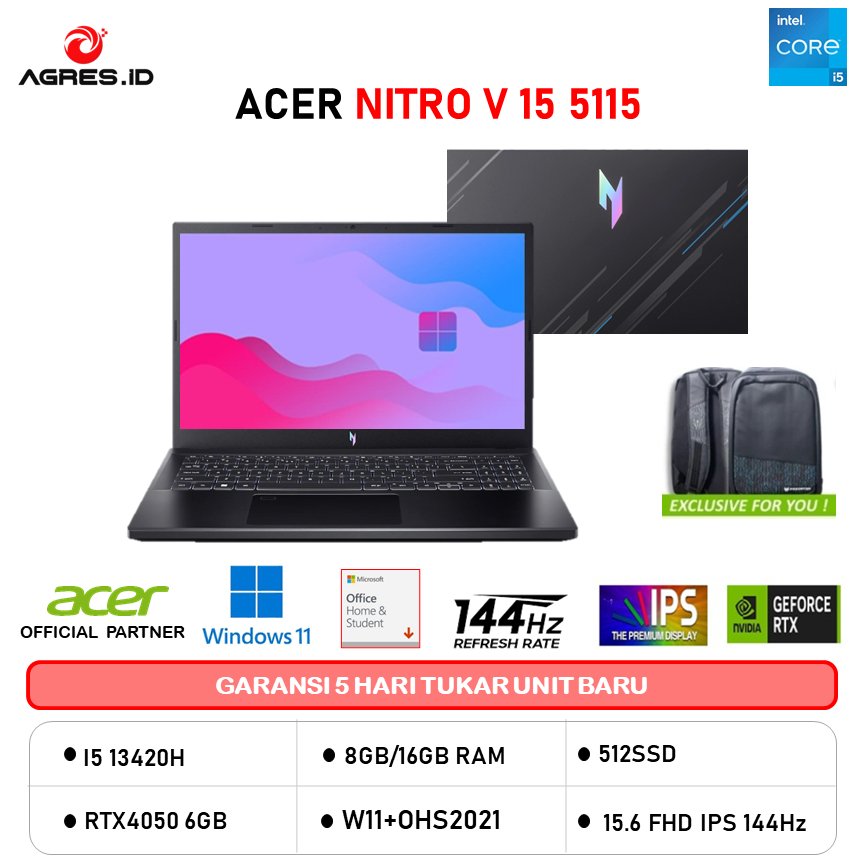ACER NITRO V 15 I5 13420H RTX4050 6GB/ 16GB 512GB W11+OHS 15.6FHD IPS 165HZ BLK -51.50U5