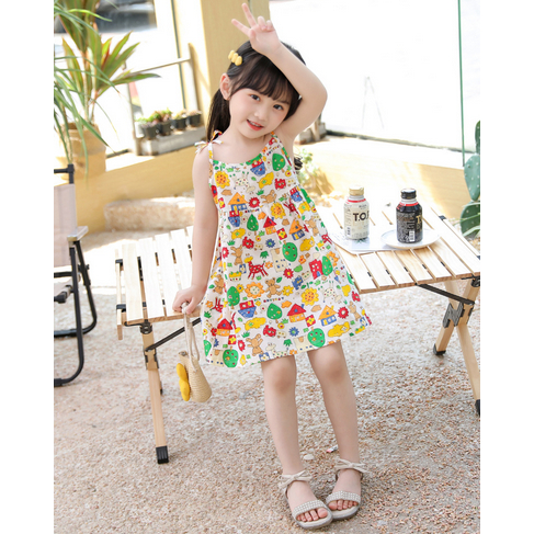 DRESS RUFFLE MOTIF ANAK PEREMPUAN MODEL TALI KECIL TERBARU KEKINIAN