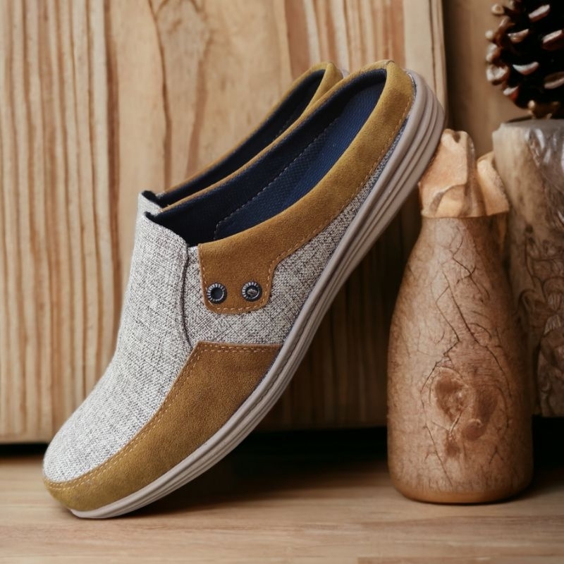 Bustong Slop Selop Sepatu Sandal Kulit Pria Slip On Kasual Sintetis Kerja Kantoran Formal Sol Karet