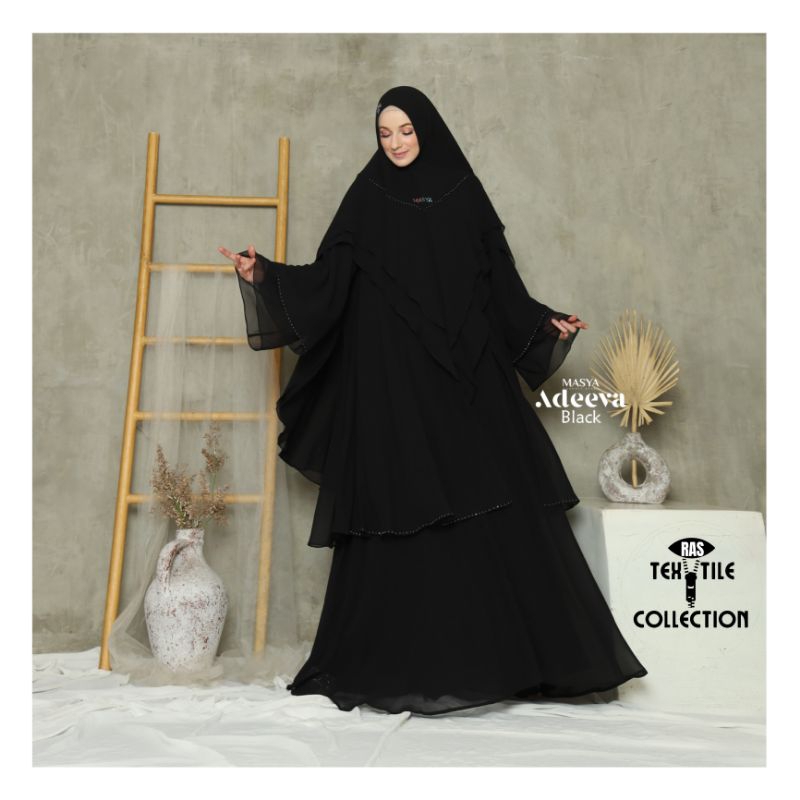 Set Baju Gamis Dress Ceruty Babydoll Hitam Jetblack Black Stripe Mewah Premium Ori Branded Masya Sya