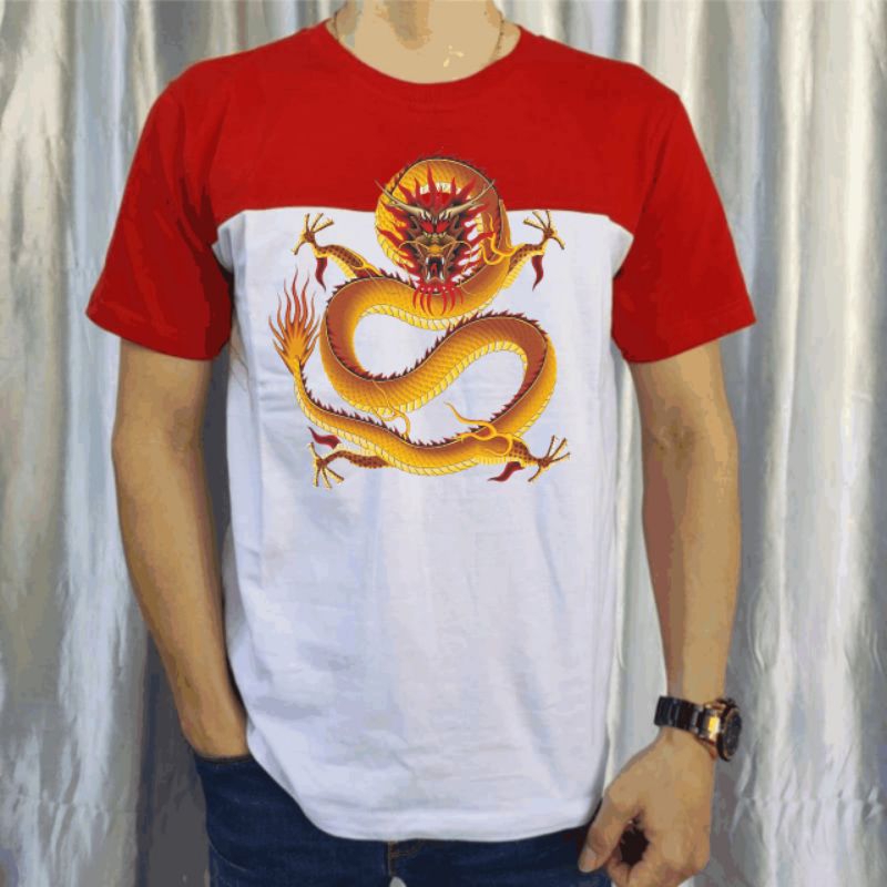 kaos imlek merah putih kaos pria unisex naga emas 2024