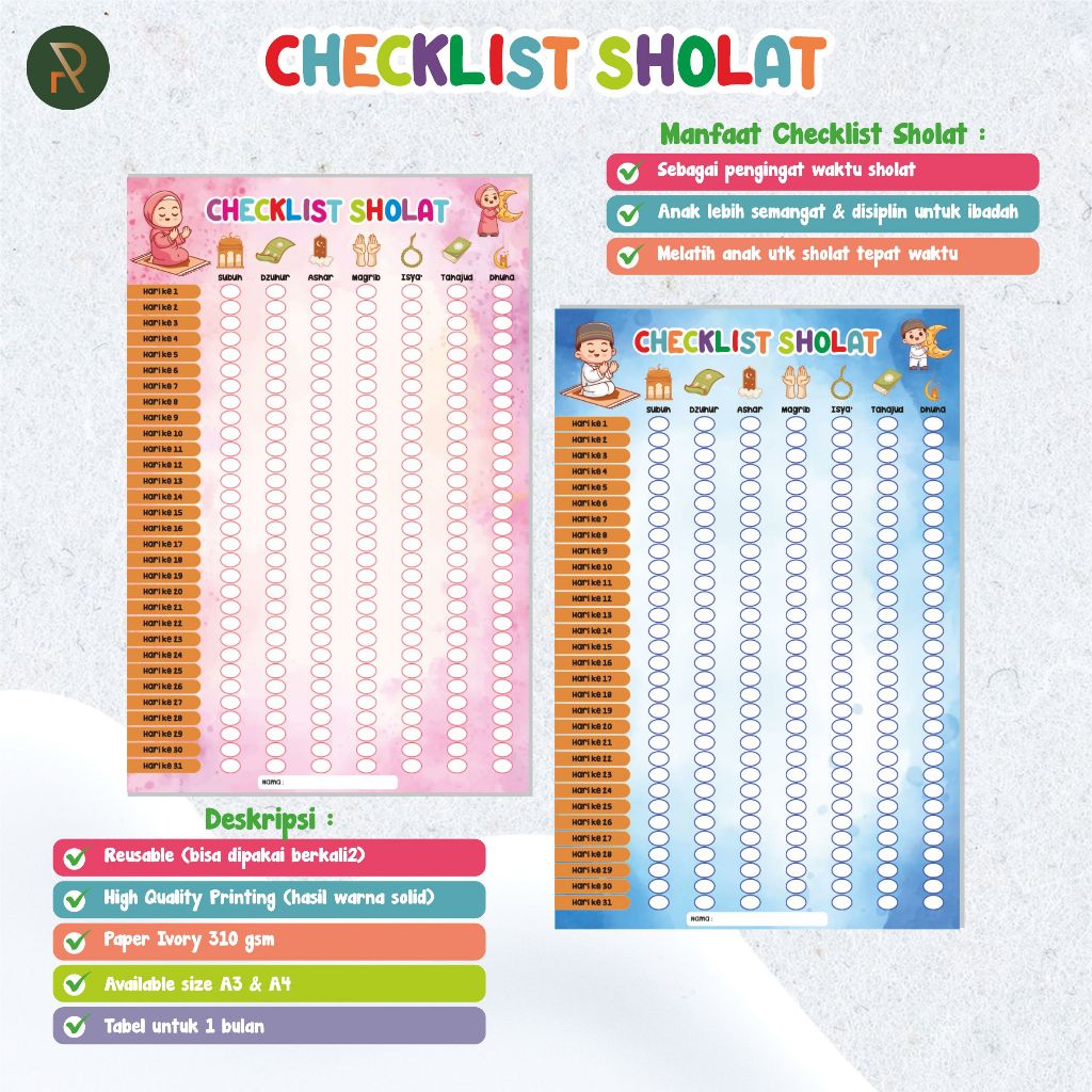 Checklist Sholat 30 hari ukuran A3 & A4 Laminasi Glossy