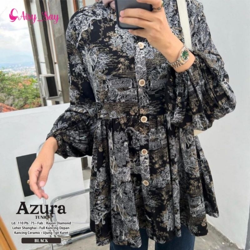 Azura Tunik Rayon Motif Lengan Balon-Tunik Vintage Motif Bunga-Tunik Korean Style-Atasan Tunik Wanit