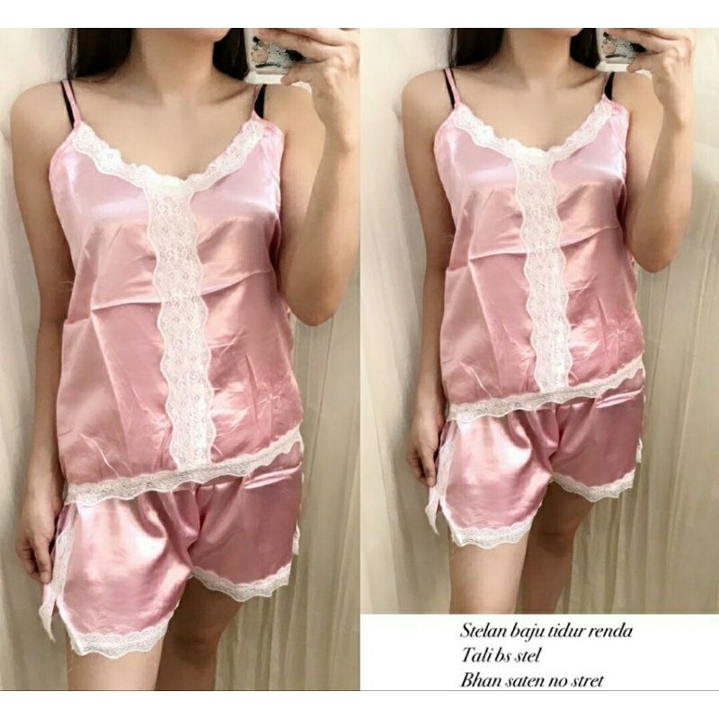 •ECLAIRE• REAL PIC Setelan Piyama Satin Kombinasi Lace Tanktop Hotpants HP Lacey Pinky Import