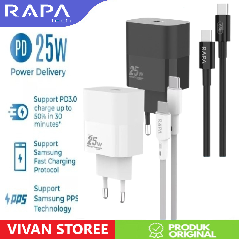 RAPAtech Power II CH1073 Adaptor Charger 25W Batok Fast Charger + Kabel Type-C to C 65W Garansi Orig