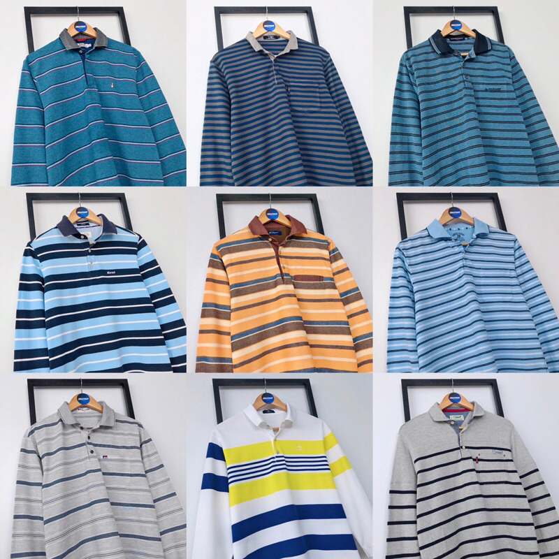 Kaos Kerah Lengan Panjang Pria Original Long Sleeve Polo Polos Motif Vintage Rugby Stripe Garis Salu