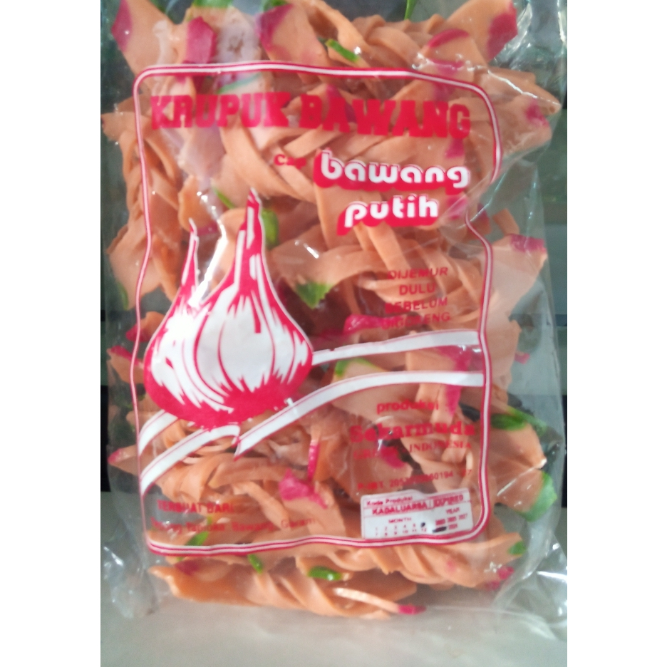 

Kerupuk bawang cap bawang putih Varian kepang (kelabang) mentah merah 500 gr