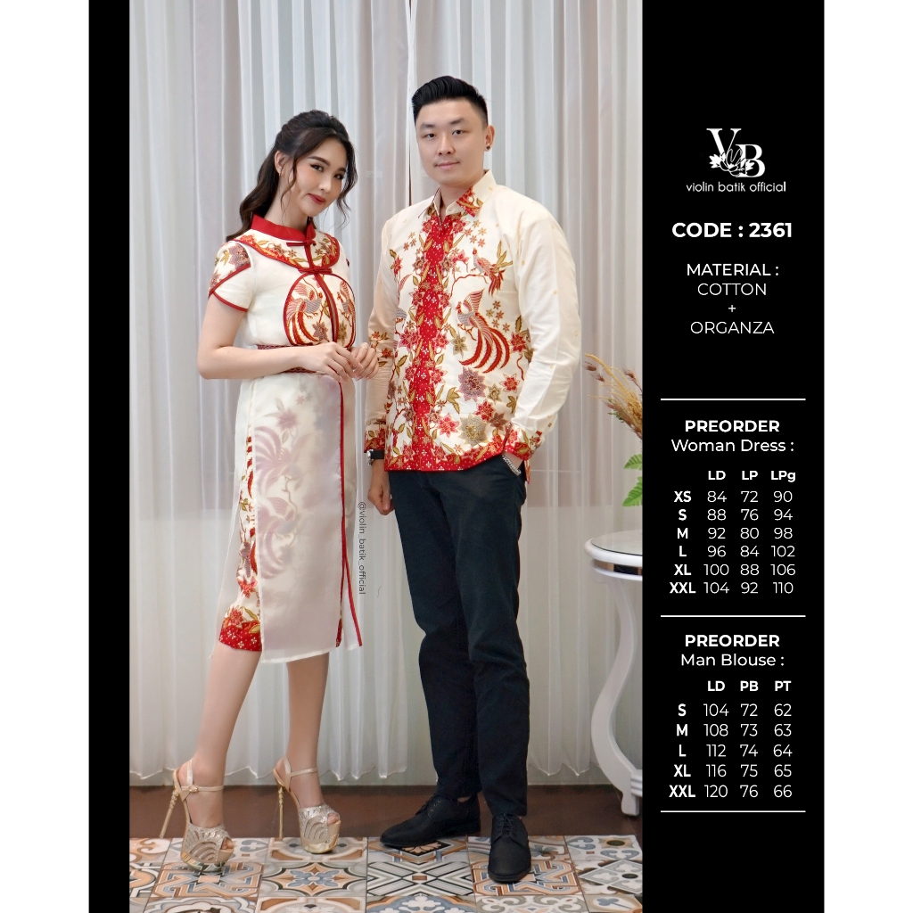 Dress Batik Katun Merah Cheongsam Outer Organza 2361