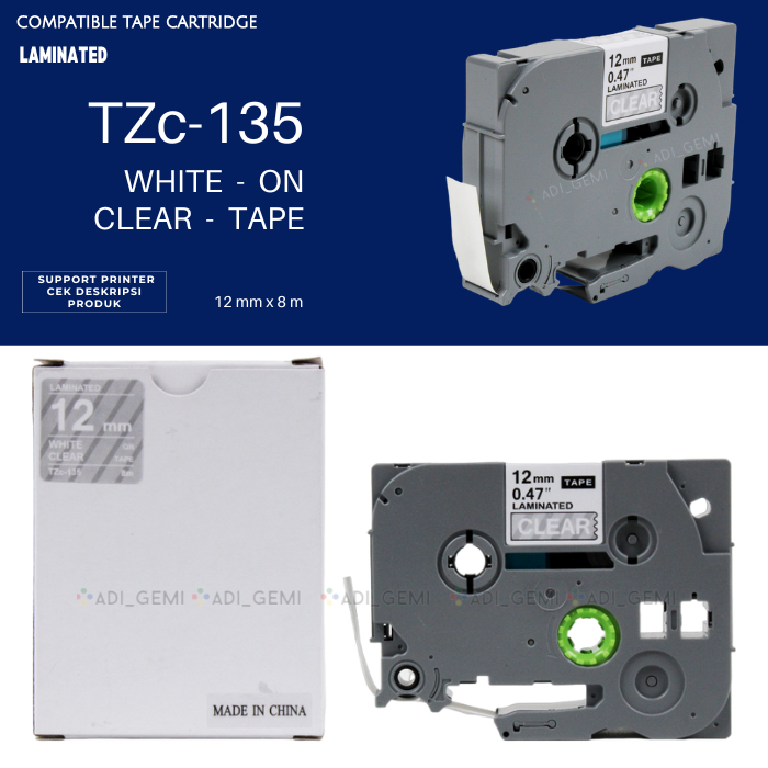 

Compatible Label Tape Brother TZc-135 - White On Clear 12mm