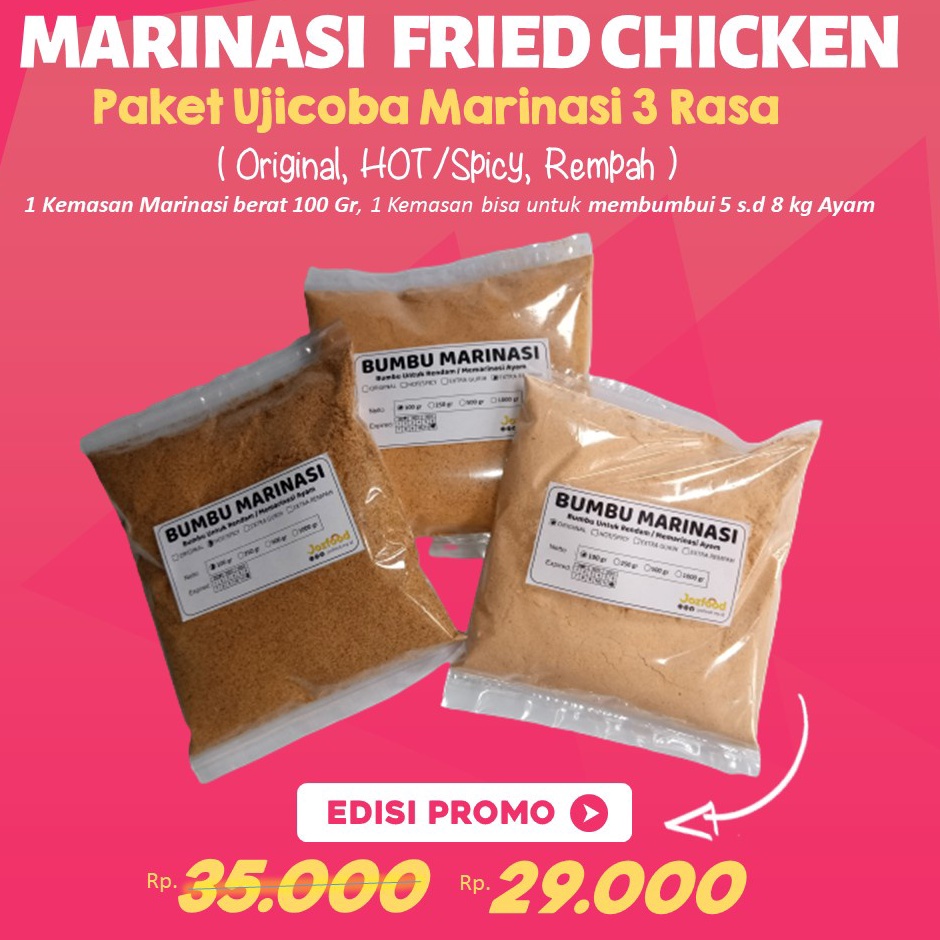 

Harga Termurah Bumbu Marinasi Hot Spicy , Bumbu Ayam Fried Chicken, Tepung Bumbu Marinase, Tepung premix Terbatas