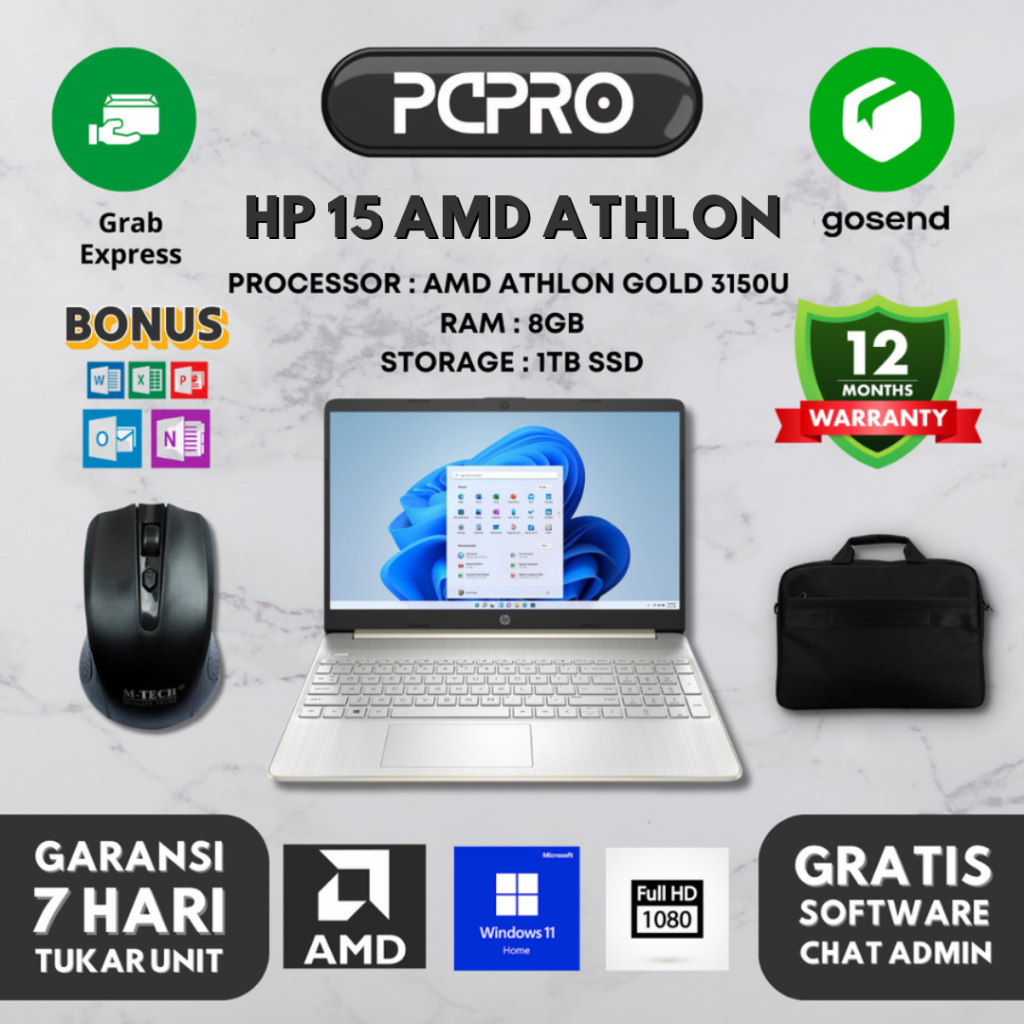 Laptop HP 15 AMD Athlon Gold 3150U 8GB 1TB SSD 15.6 Inch Full HD Windows 11 Home Silver
