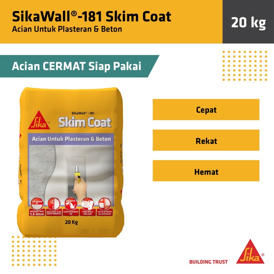 SikaWall 181 Skim Coat Mortar Instan Acian Plesteran Tembok 20Kg