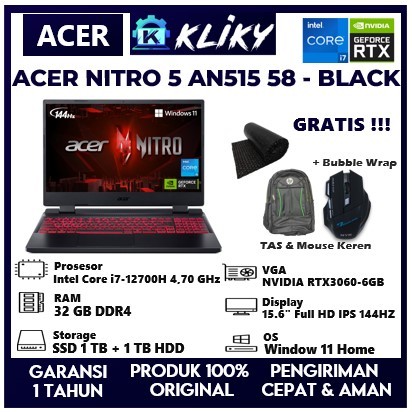 Laptop Gaming Acer Nitro 5 Intel Core i7 Gen12 Ram 32Gb Nvidia RTX 3060 6Gb Ssd 2 TB Black