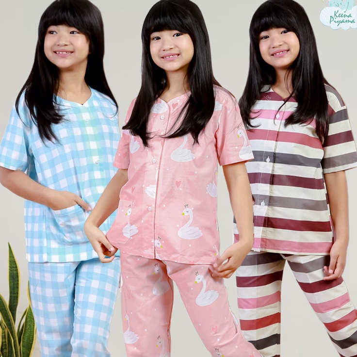 Harga Terendah Set Baju Tidur/Piyama Anak Perempuan Laki Laki Katun Kerah Y Motif Garis Kotak Usia 1-15 Tahun ︿