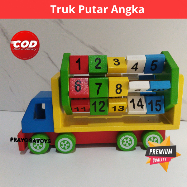 Mainan Edukasi Anak Kendaraan Mobil Mobilan Truk Balok Putar Angka Wooden Block Truck Bahan Kayu Pinus Bisa Diputar Mirip Sempoa