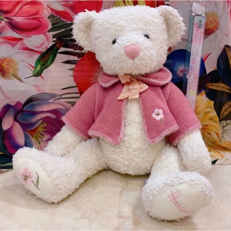 boneka teddy bear harrods putih sweater pink