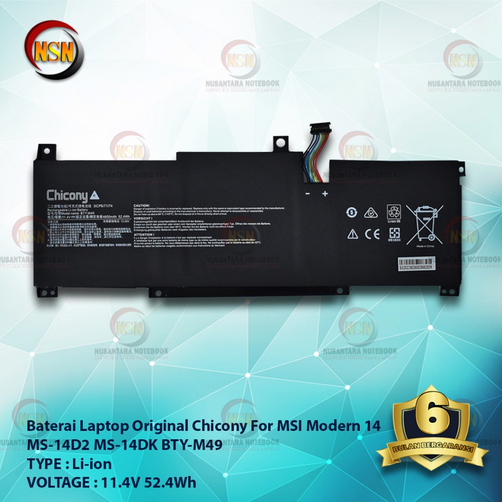 Baterai Laptop Chicony For MSI Modern 14 BTY M49 11.4V 52.4Wh