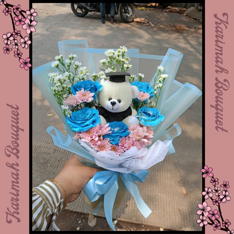 LANGSUNG JADI Buket Bunga Wisuda Mix Mawar Biru / Bouquet Bunga / Bucket Bunga Wisuda / Buket Bunga 