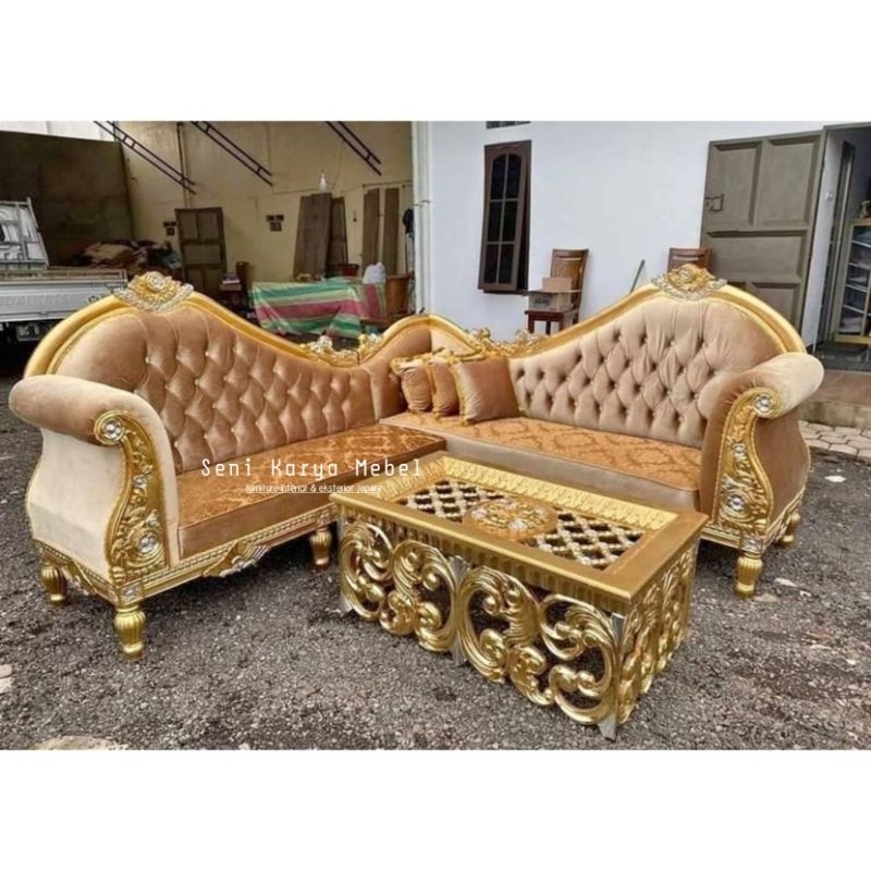 Sofa Tamu Sudut Ukir Jati - Kursi Tamu Sudut Gold Mewah Kayu Jati