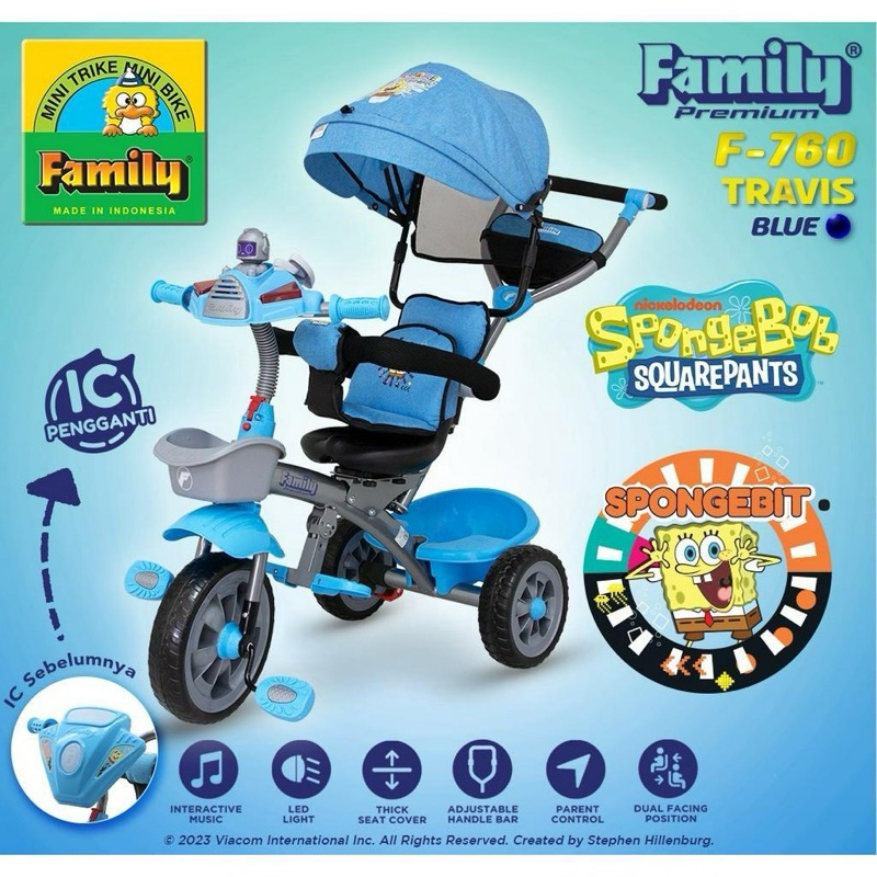 Sepeda Roda Tiga Family F760 TRAVIS Musik Lampu n Kanopi Lipat / Sepeda Anak Roda Tiga Family F760 T