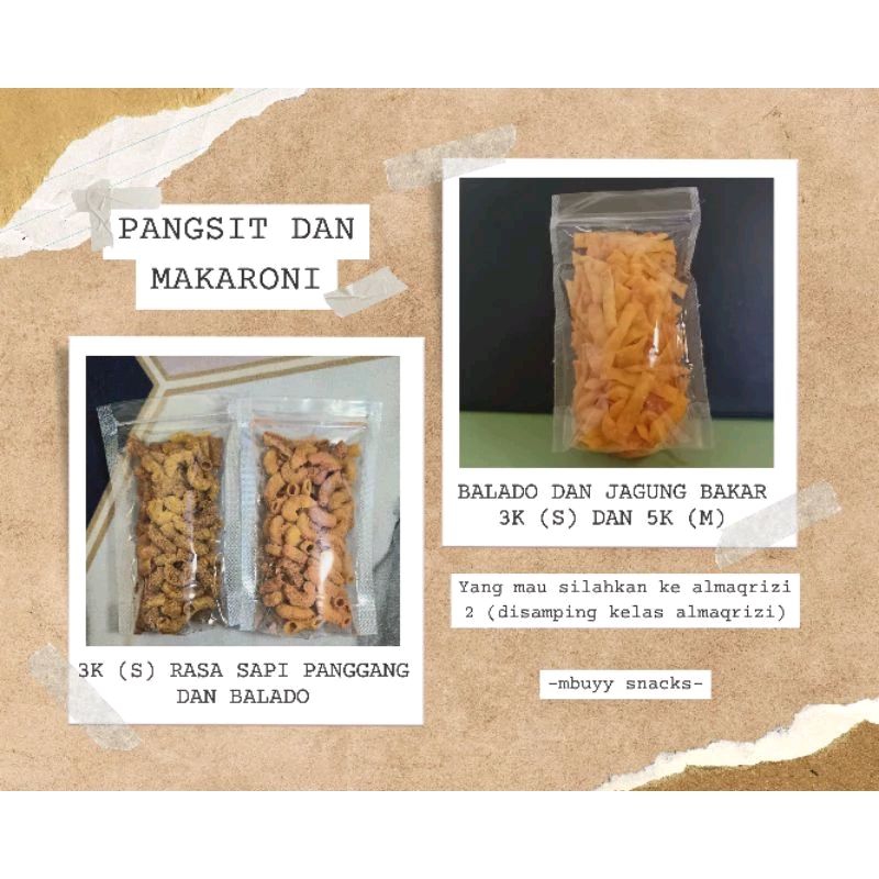 

Pangsit Kering dan Makaroni rasa Balado, Jagung Bakar, Sapi Panggang Ukuran M dan S