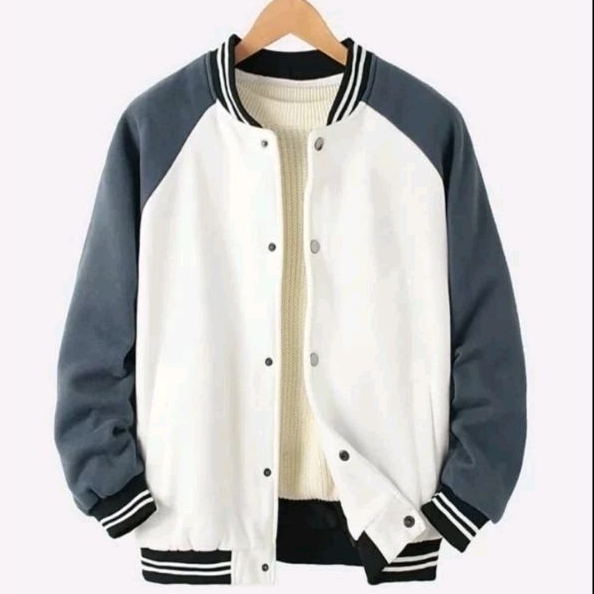 JAKET VARSITY PUTIH DENIM POLOS BOMBER JUMBO BIG SIZE M -6XL REAL PICT