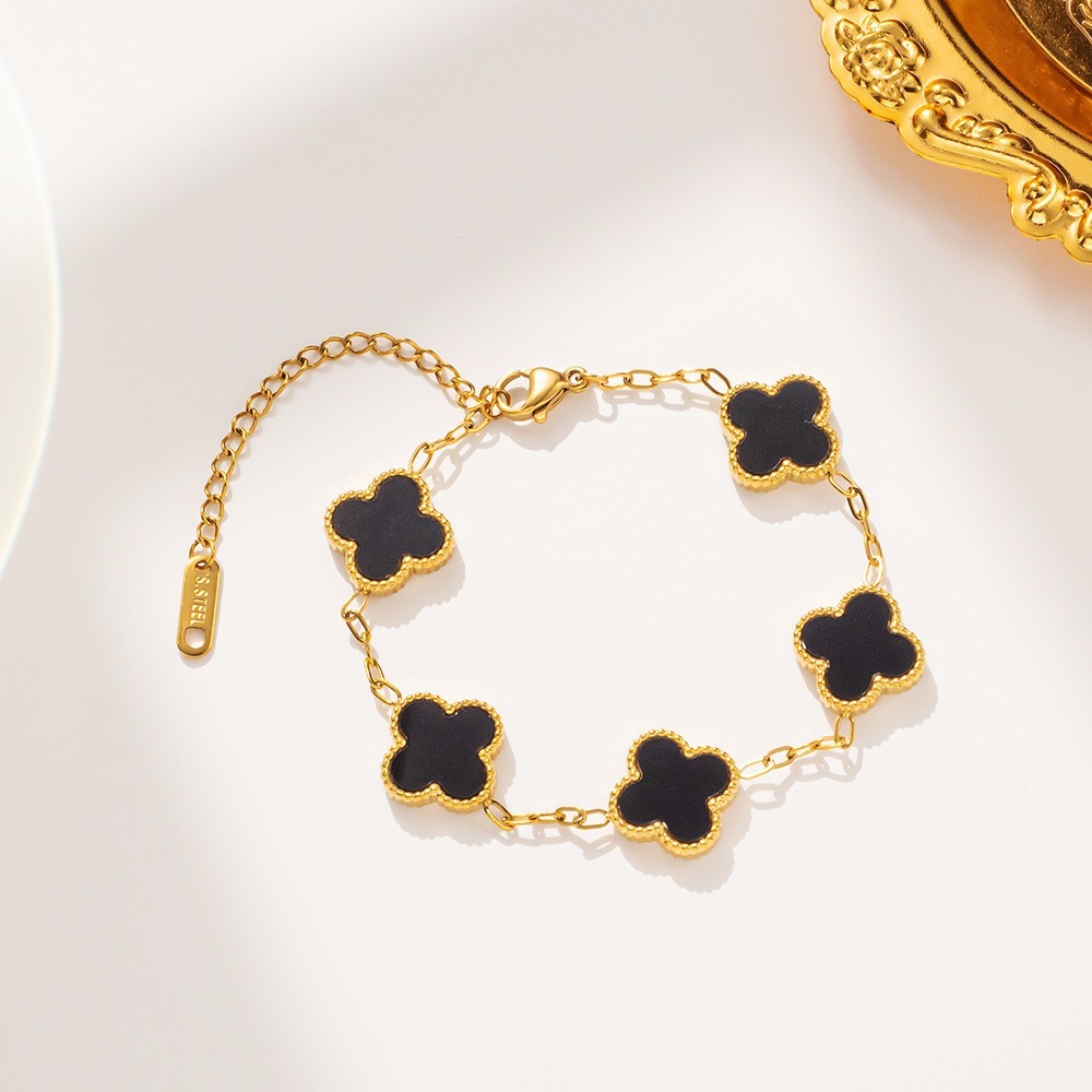 Gelang Lestari Clover Titanium Steel Anti Karat Adjustable Black Rose Gold