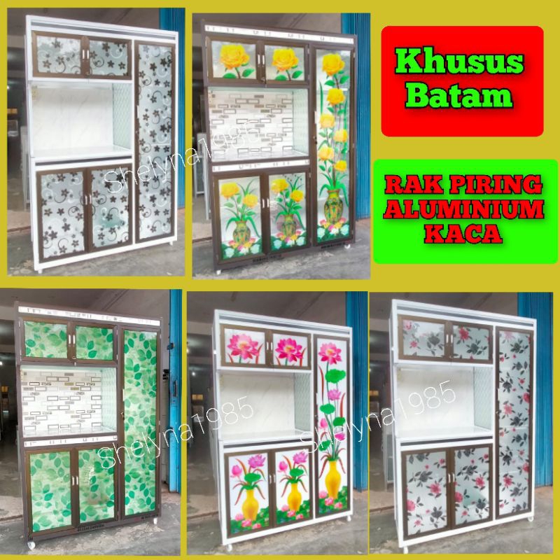LEMARI RAK PIRING DAPUR 3 PINTU KACA ALUMINIUM (KHUSUS BATAM)