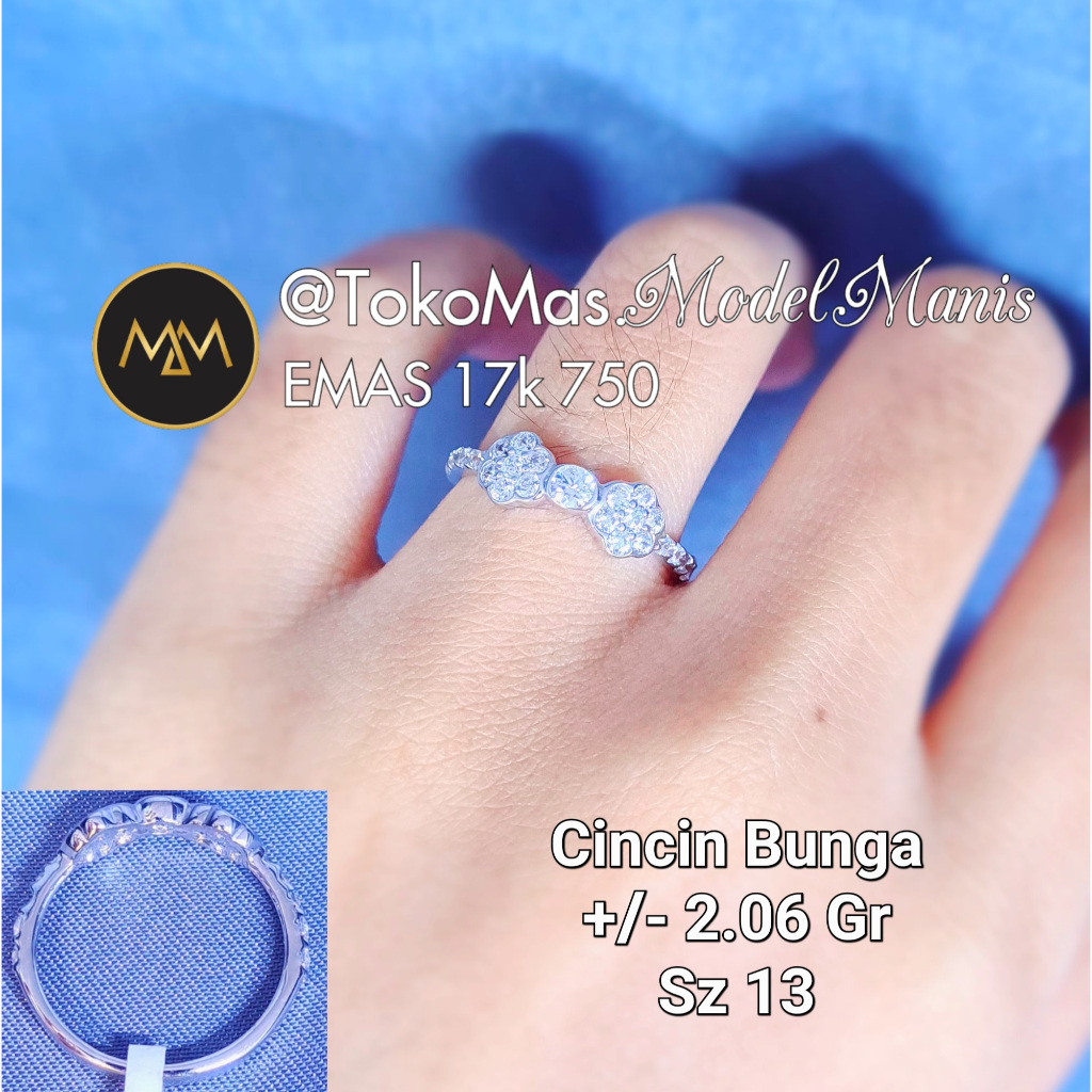 Cincin Double Bunga Emas Putih 750 kadar 17k