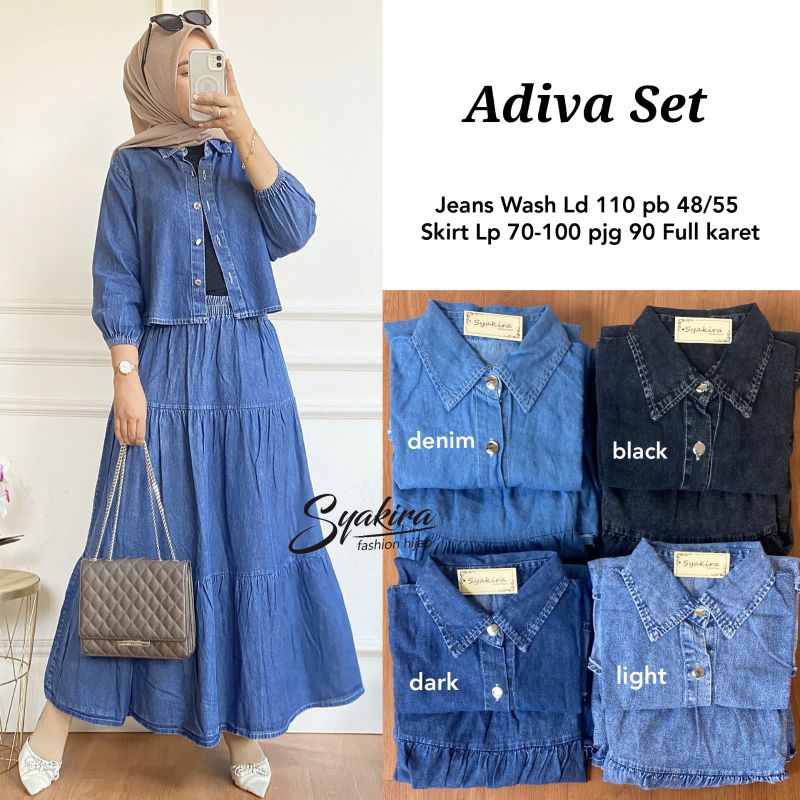 ADIVA SET BY SYAKIRA/SETELAN WANITA ATASAN DAN ROK REMPEL  MAT JEANS WASH