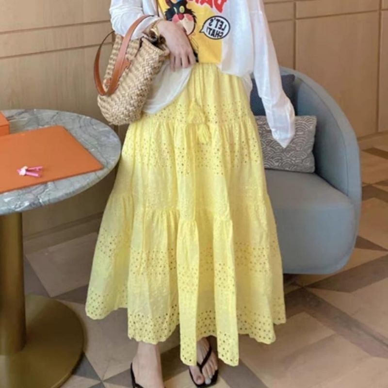 9833 Rok panjang bawahan katbol rempel GUEVARA EMBROIDERY TIERED MAXI SKIRT Bordir Korea Korean styl