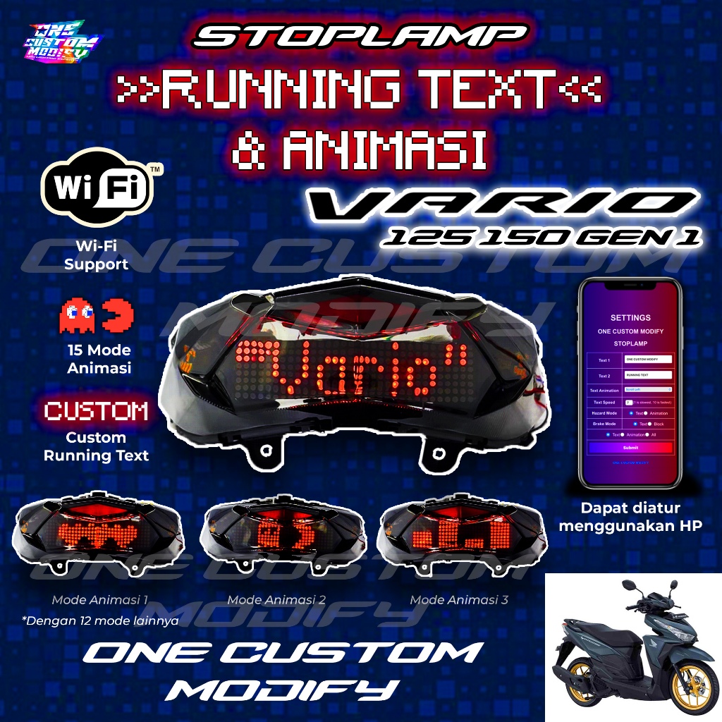 Stoplamp Running Text Animasi Vario 125-150 Old Lampu LED Rem Belakang Modifikasi Variasi Motor