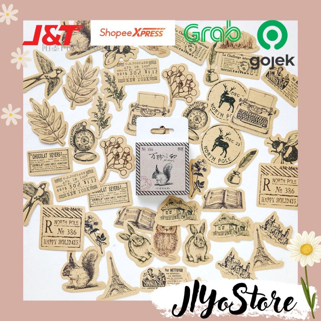 

45pcs Stiker Sticker Bujo Journal Jurnal Scrapbook Planner Diary Kata Vintage Hewan Aesthetic Lucu