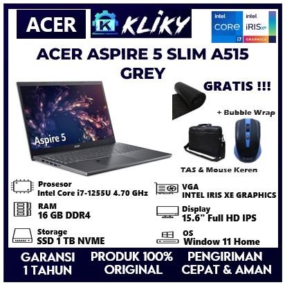 Laptop Ultrabook Tipis Acer Aspire 5 Intel Core i7 Gen12 Ram 16 GB Ssd 1 TB Grey