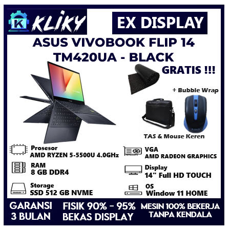 LAPTOP TOUCHSREEN 2IN1 ASUS VIVOBOOK FLIP TM420UA RYZEN 5 5500U BLACK LIKE NEW