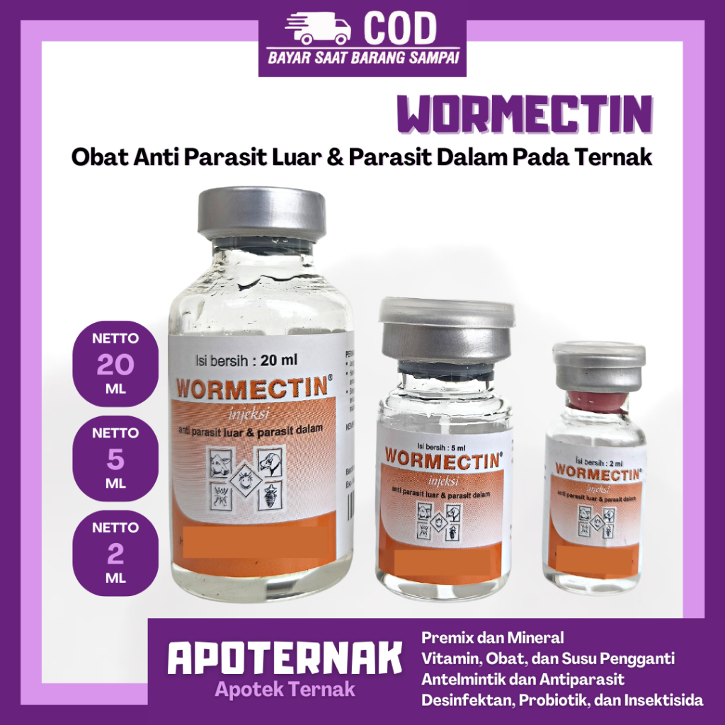 WORMECTIN 2ml 5ml 20ml + Suntikan 1ml - Obat Scabies Gudik Jamur Kutu Caplak Cacing Untuk Sapi Kambi