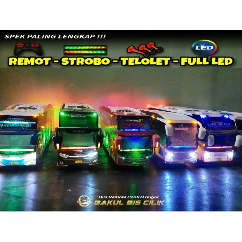 Miniatur bus Remote Control DETIL TERBAIK  MODEL TERLENGKAP dengan STROBO Telolet LED Full Body BASU