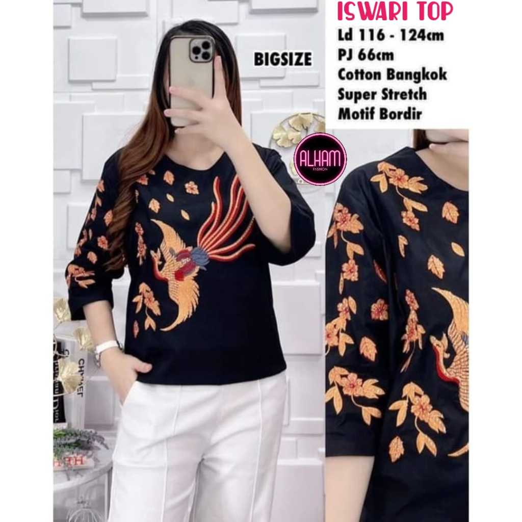 Baju Atasan Blouse Wanita Putih Bordir Bunga LD 110 Iswari Top Bahan Premium Katun Bangkok Alham