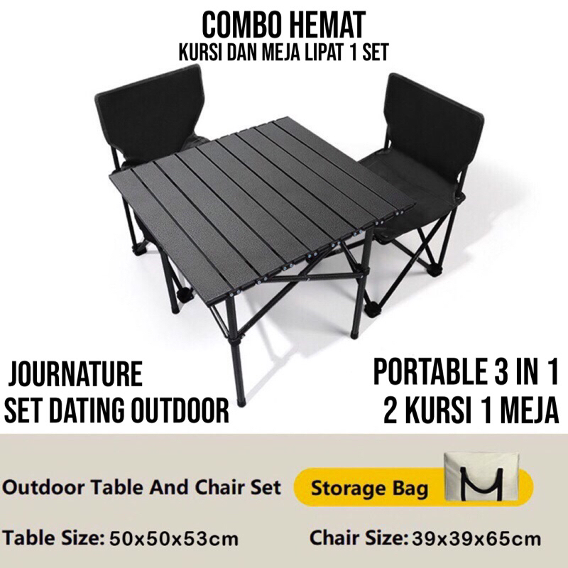 JOURNATURE Kursi Lipat Outdoor 1 set 2 Kursi 1 Meja Lipat Outdoor Indoor Warna Hitam Meja Camping Be