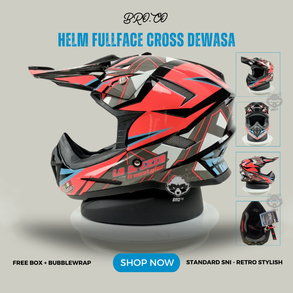 Helm Cross Branded JPN Full Face Cross Motor Trail La Spezia Red Fluo Black Glossy Solid Hitam Mengk