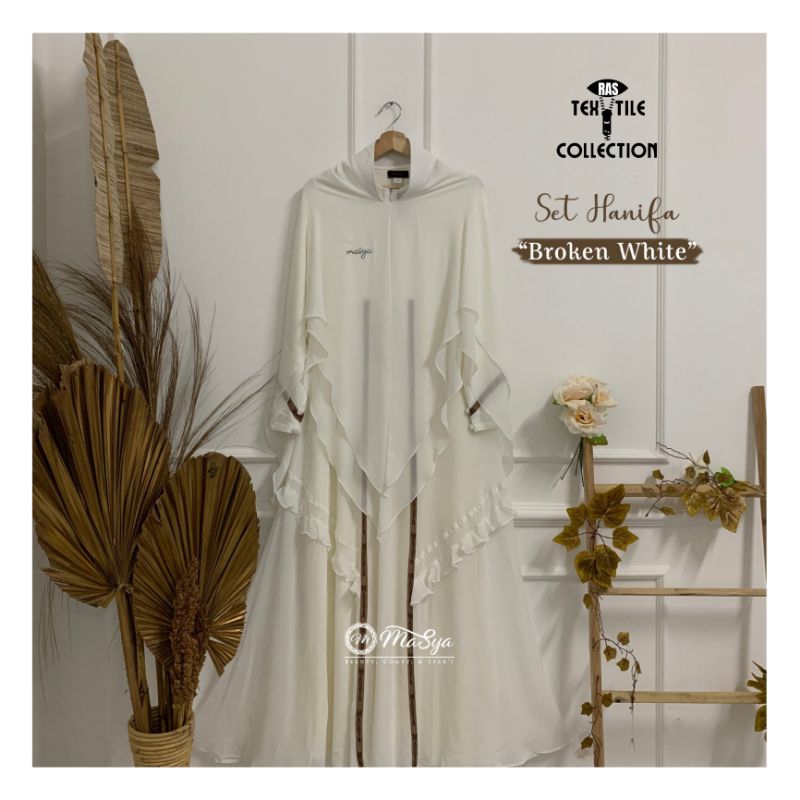 Set Gamis Dress Ceruty Babydoll Syari Branded Warna Putih Tulang - Broken White Mewah Masya Syari Or