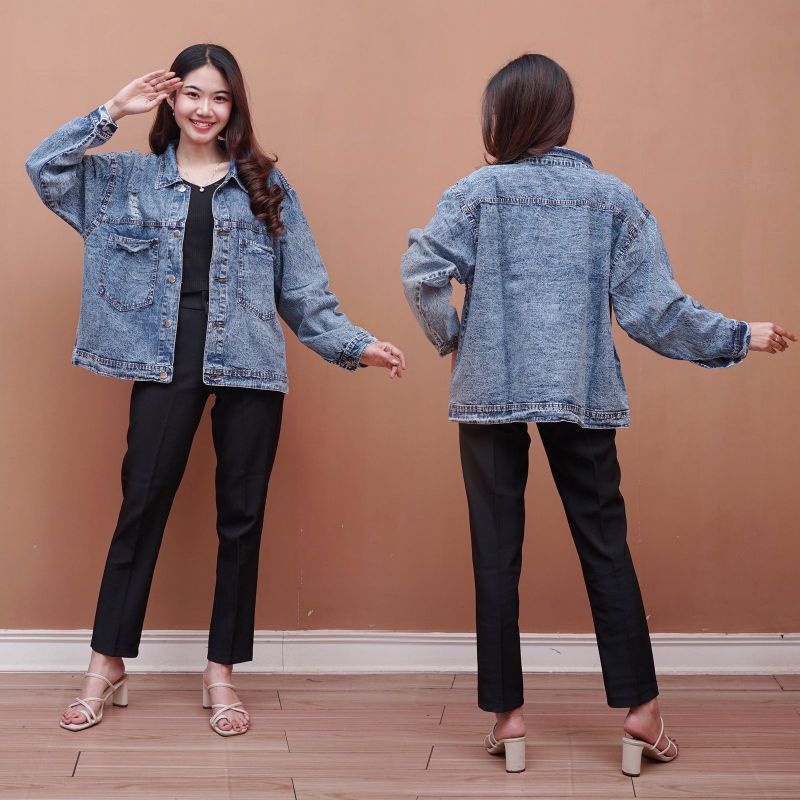 JAKET JEANS WANITA RIPPED JUMBO LD 120 /130/140